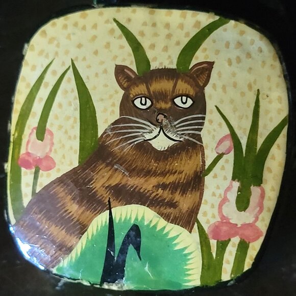 Small Vintage Black Lacquer Cat Trinket Box Lacquer Keepsake Box Stash Box - Picture 2 of 10